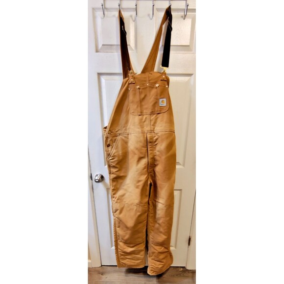 Carhartt Overalls 46x32 Insulated Double Knee Bib Canvas Flannel Lined R02 BRN - Picture 1 of 16